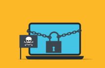 laptop with lock around and pirate flag