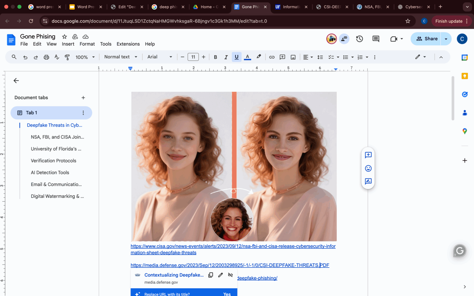 A picture of a woman placing her face on a model.