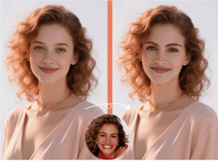 A picture of a woman placing her face on a model.