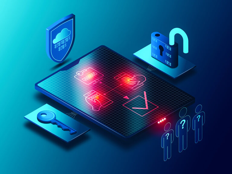 3D illustration of cybersecurity with ID, fingerprint, cloud shield, key, unlocked padlock, and unknown users.
