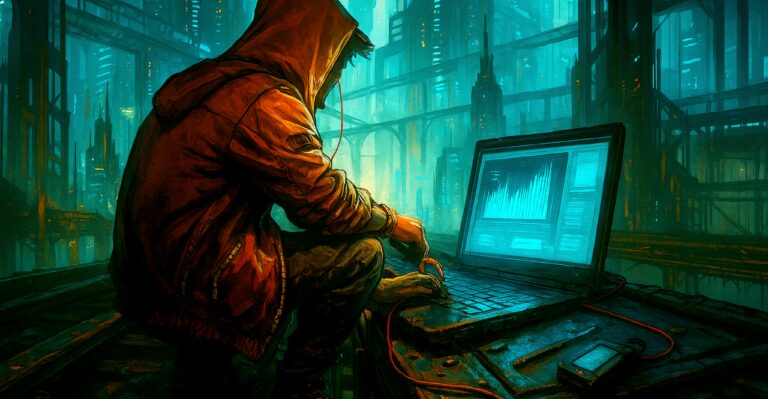 Hacker trying to gain information while sitting on rails.